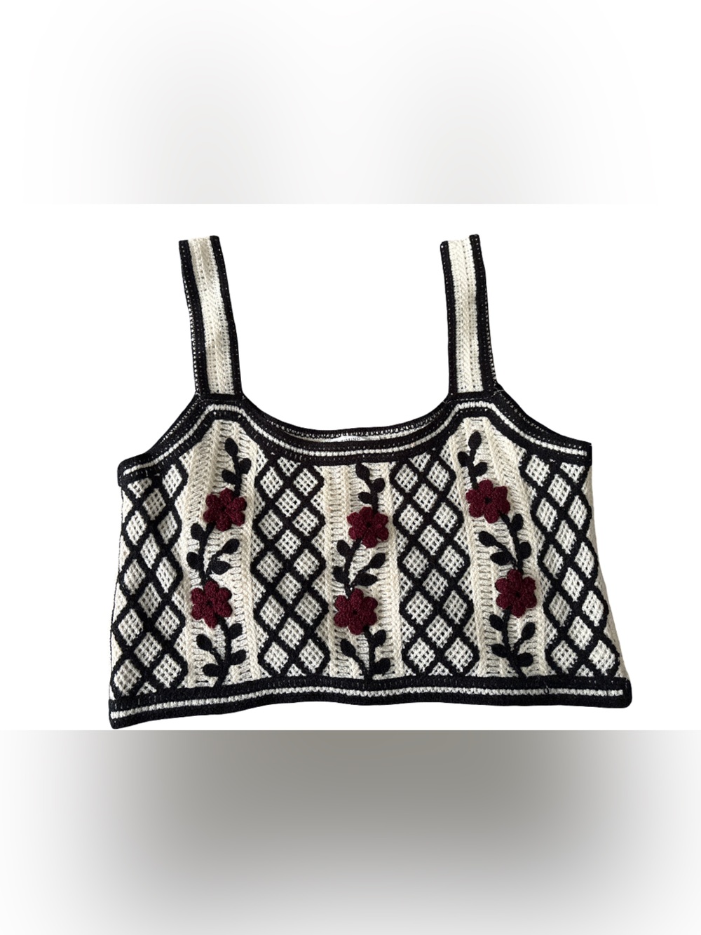 Timing Ivory Knit Top with Black Trim & Burgundy Floral